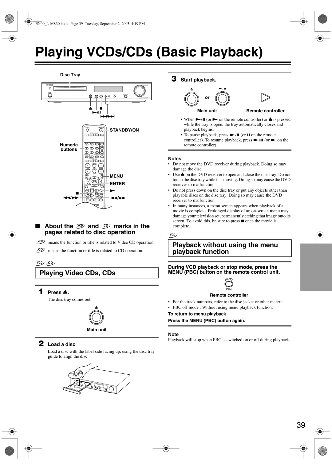 Onkyo L-MS30 Playing VCDs/CDs Basic Playback, Playback without using the menu playback function, Playing Video CDs, CDs 