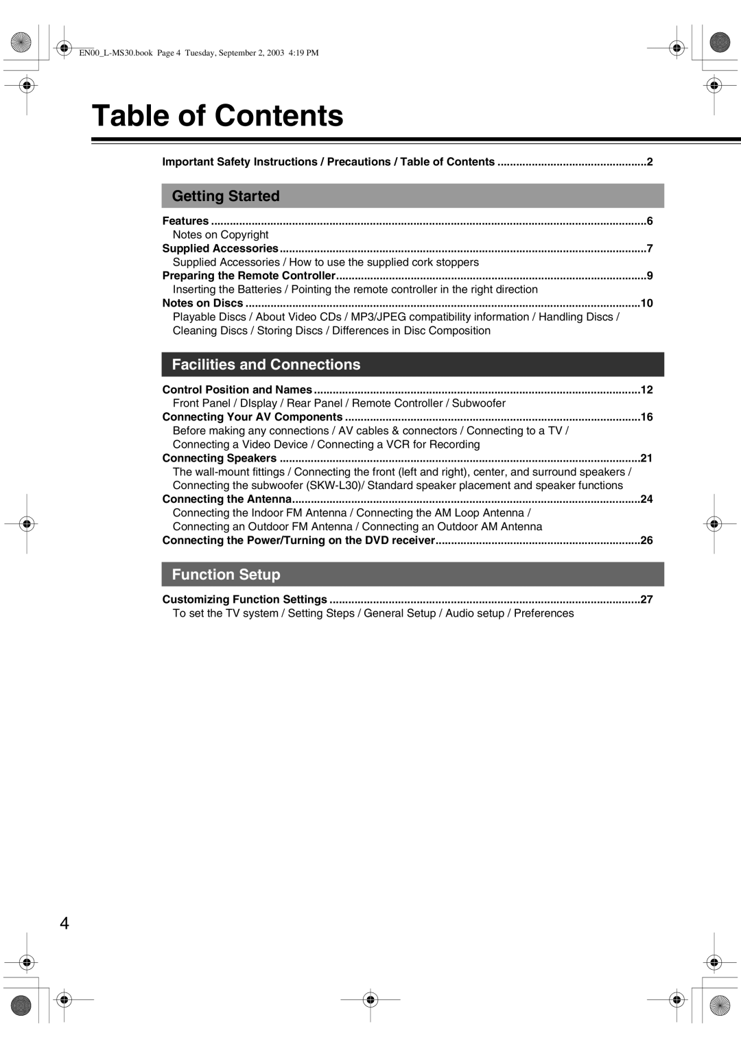 Onkyo L-MS30 instruction manual Table of Contents 