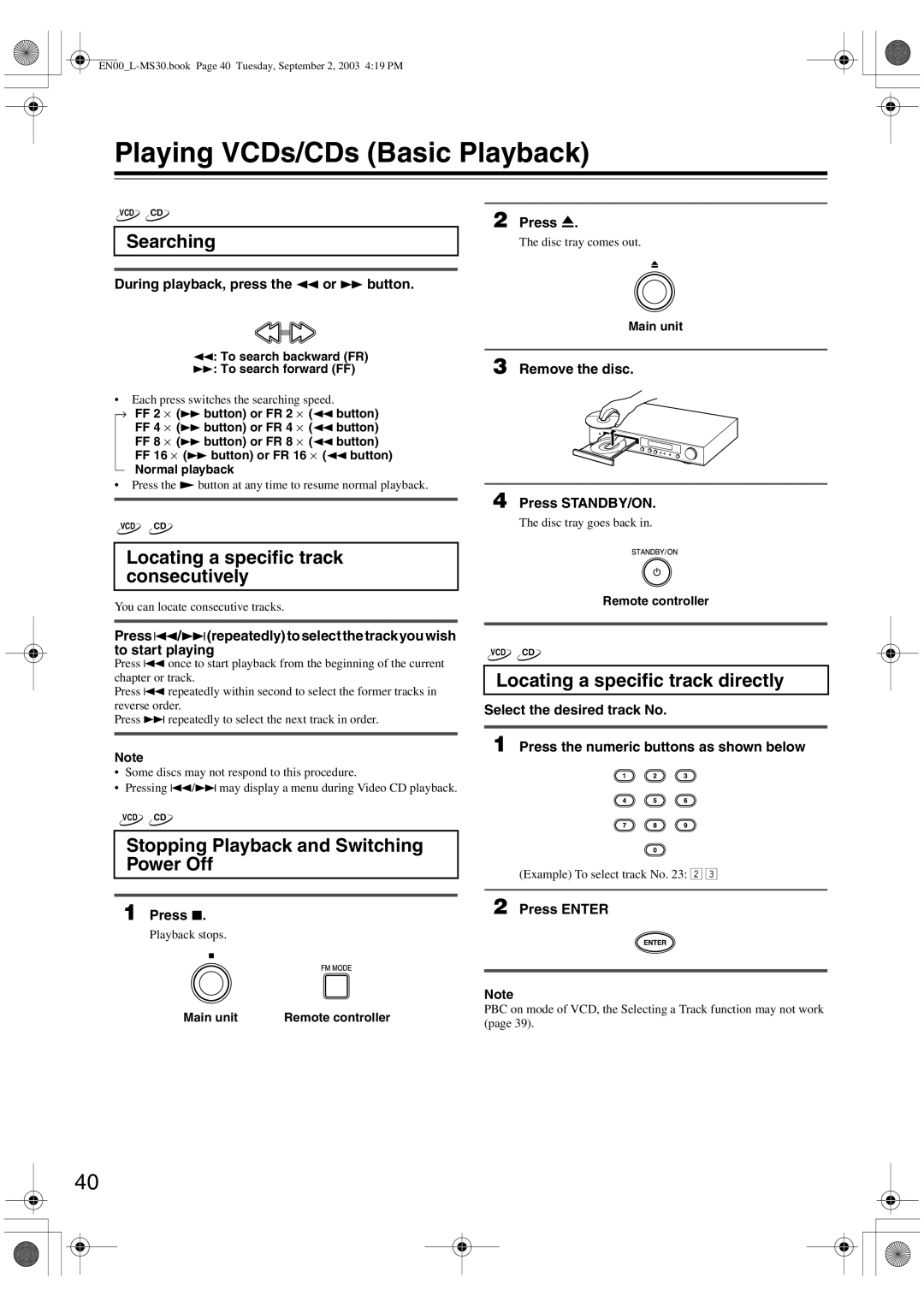 Onkyo L-MS30 Playing VCDs/CDs Basic Playback, Locating a specific track Consecutively, Locating a specific track directly 