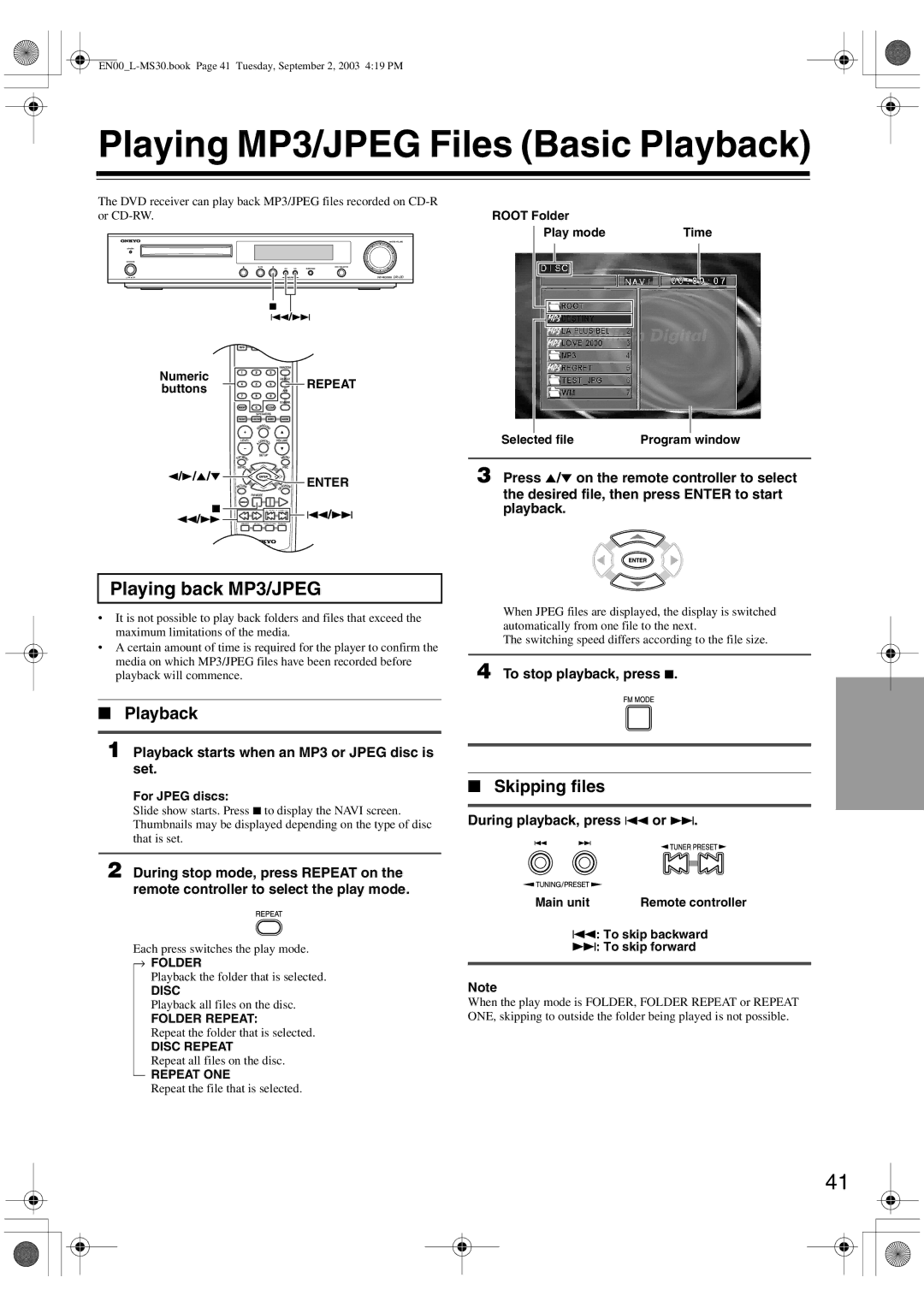 Onkyo L-MS30 instruction manual Playing MP3/JPEG Files Basic Playback, Playing back MP3/JPEG, Skipping files 