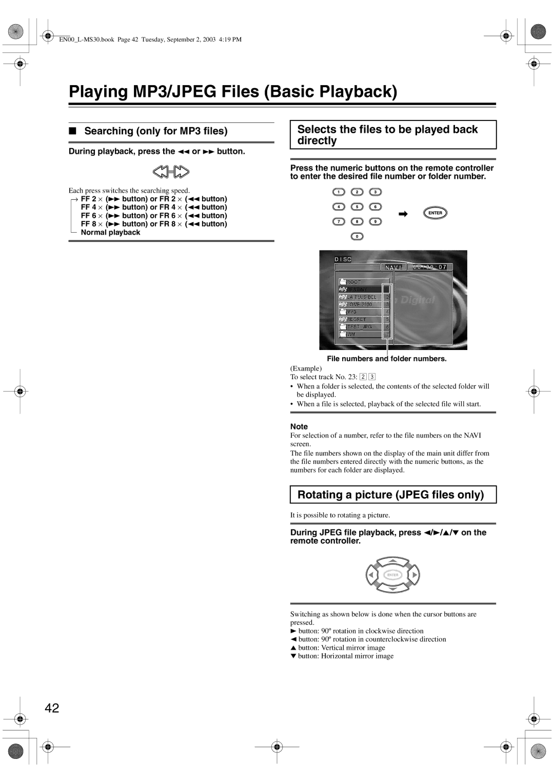 Onkyo L-MS30 instruction manual Playing MP3/JPEG Files Basic Playback, Selects the files to be played back directly 