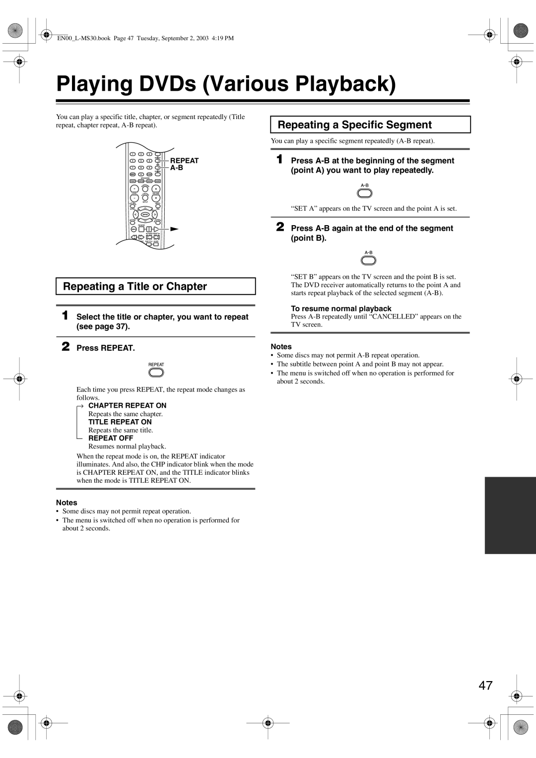 Onkyo L-MS30 instruction manual Playing DVDs Various Playback, Repeating a Title or Chapter, Repeating a Specific Segment 