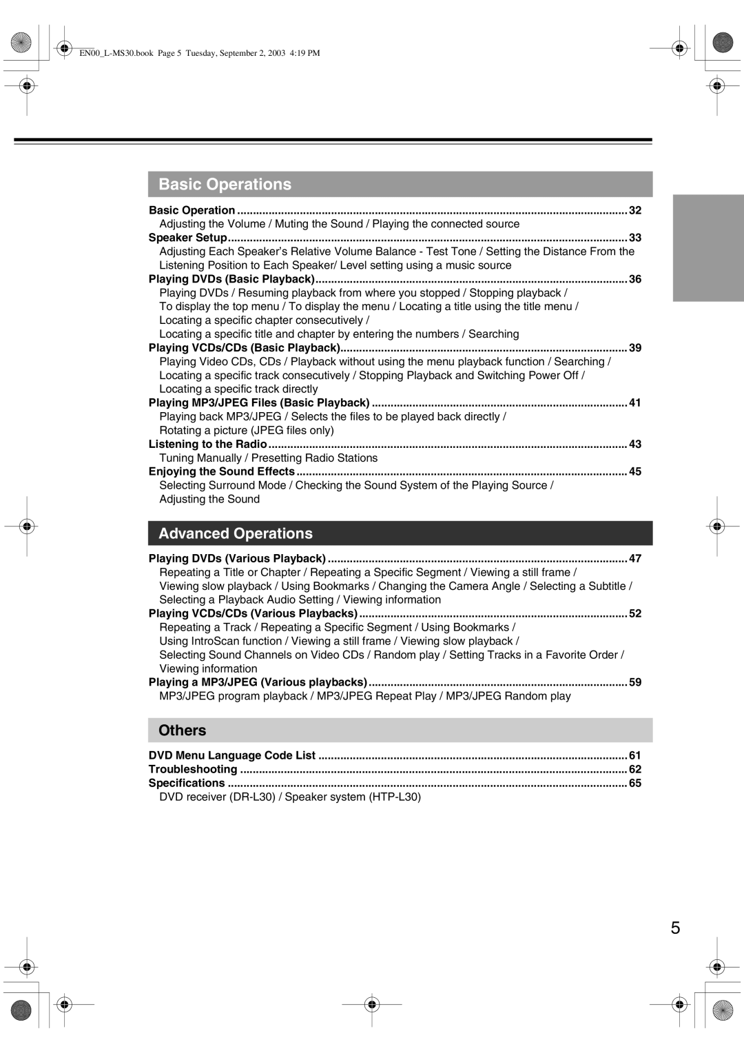 Onkyo L-MS30 instruction manual Others, Playing DVDs Various Playback, Playing VCDs/CDs Various Playbacks 