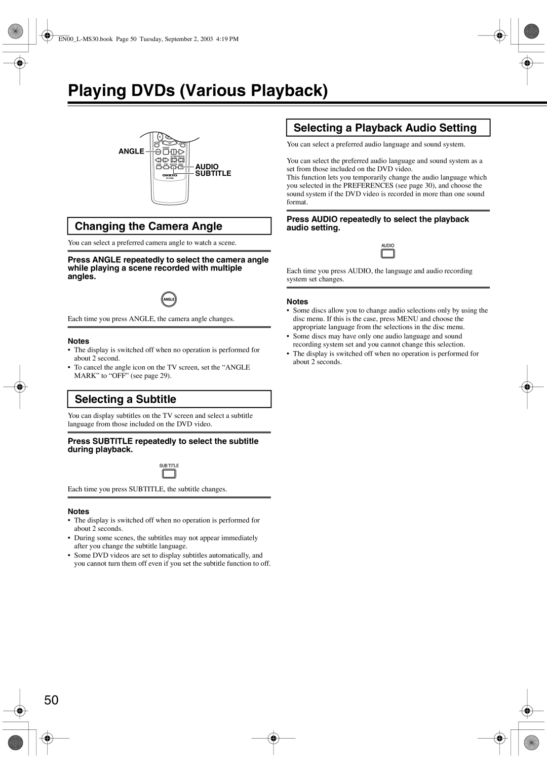 Onkyo L-MS30 Selecting a Playback Audio Setting, Changing the Camera Angle, Selecting a Subtitle, Audio Subtitle 