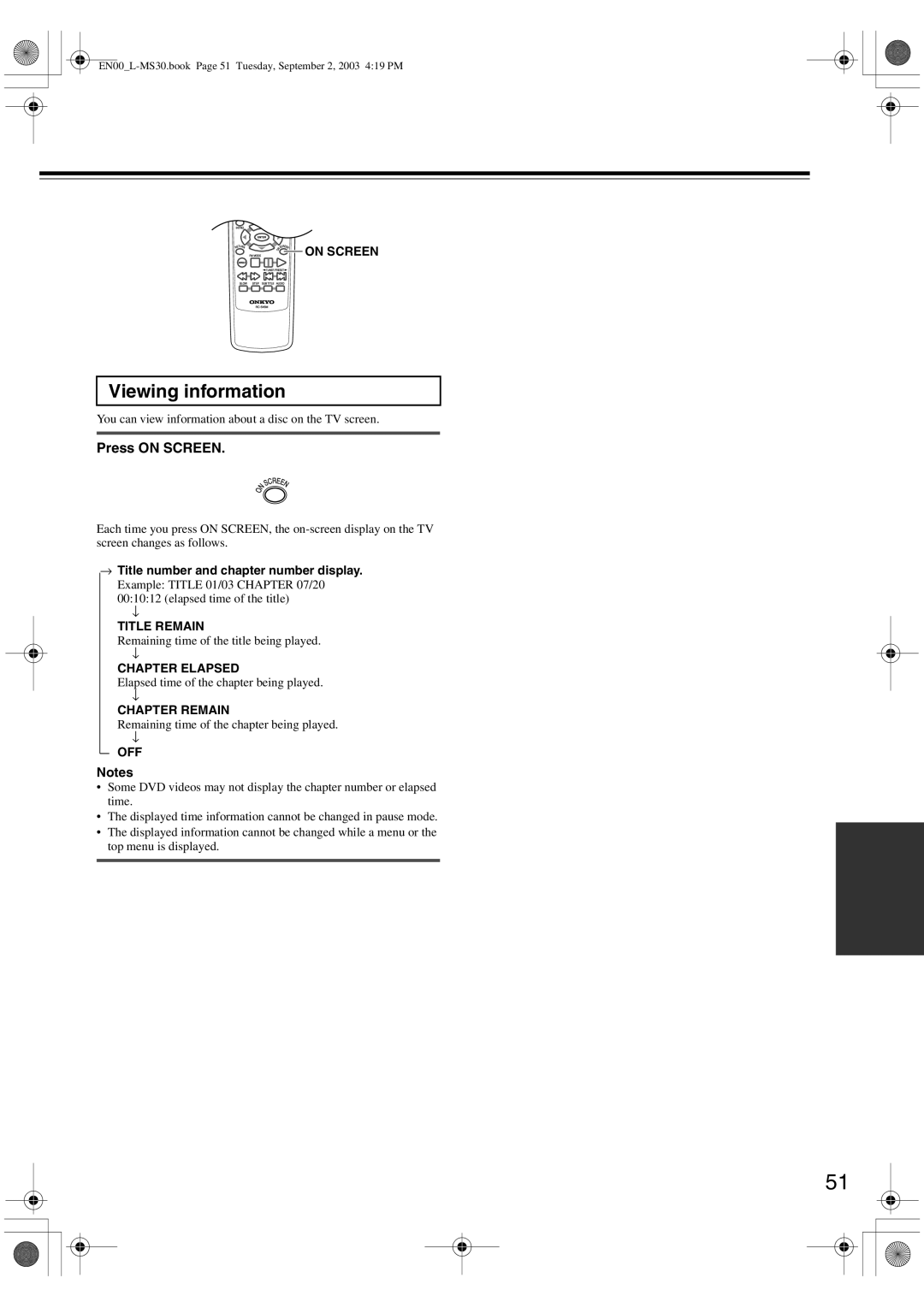 Onkyo L-MS30 instruction manual Viewing information, Press on Screen 