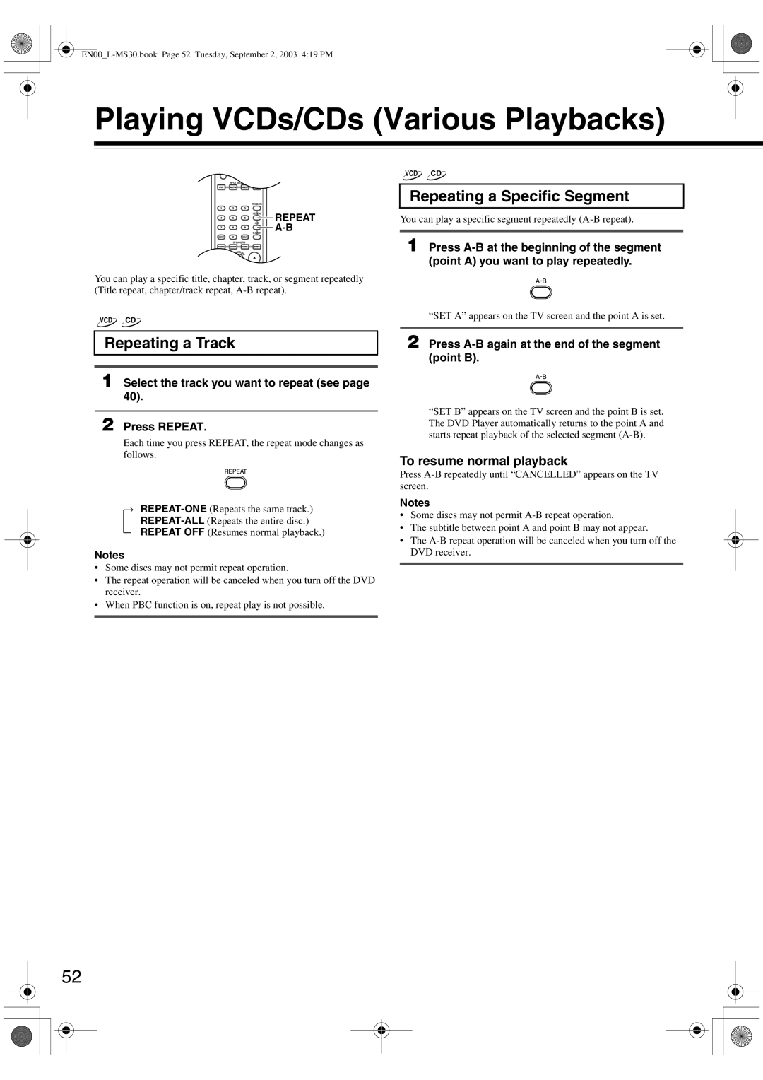 Onkyo L-MS30 instruction manual Playing VCDs/CDs Various Playbacks, Repeating a Track, To resume normal playback 