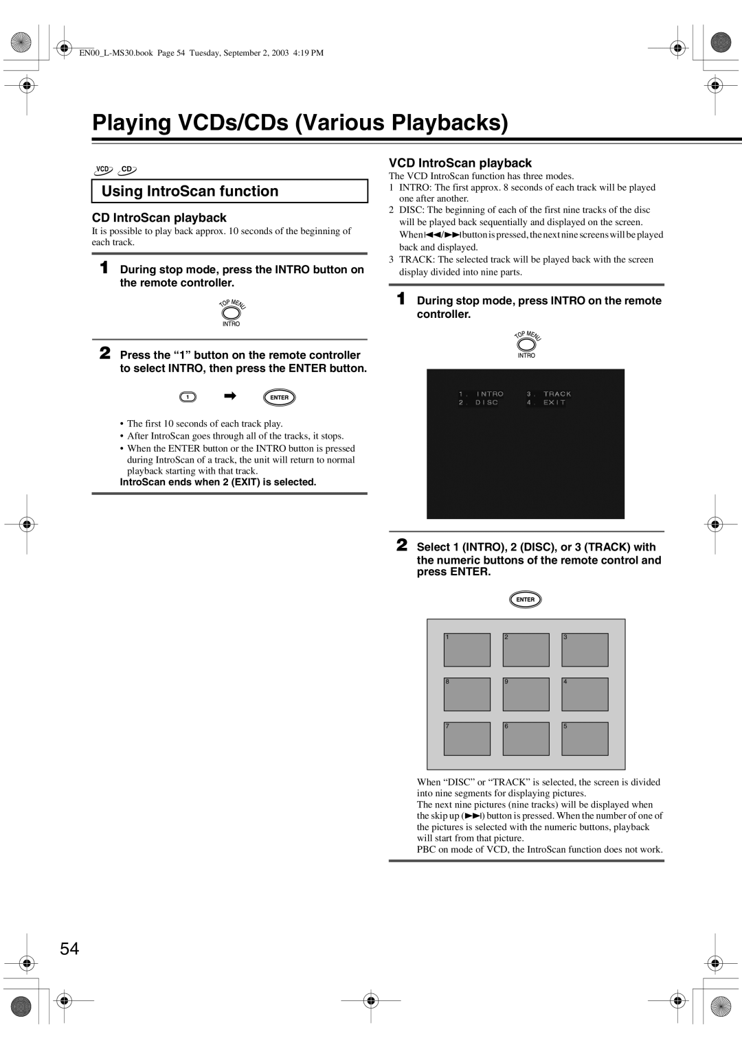 Onkyo L-MS30 instruction manual Playing VCDs/CDs Various Playbacks, Using IntroScan function, VCD IntroScan playback 