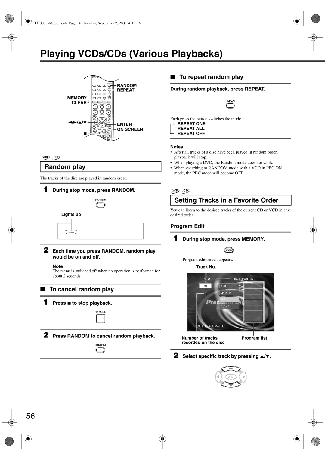 Onkyo L-MS30 Random play, Setting Tracks in a Favorite Order, To repeat random play, To cancel random play, Program Edit 