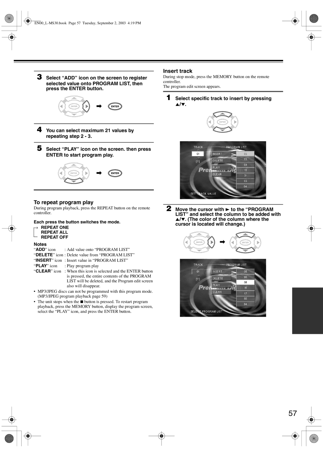 Onkyo L-MS30 instruction manual Insert track, To repeat program play 