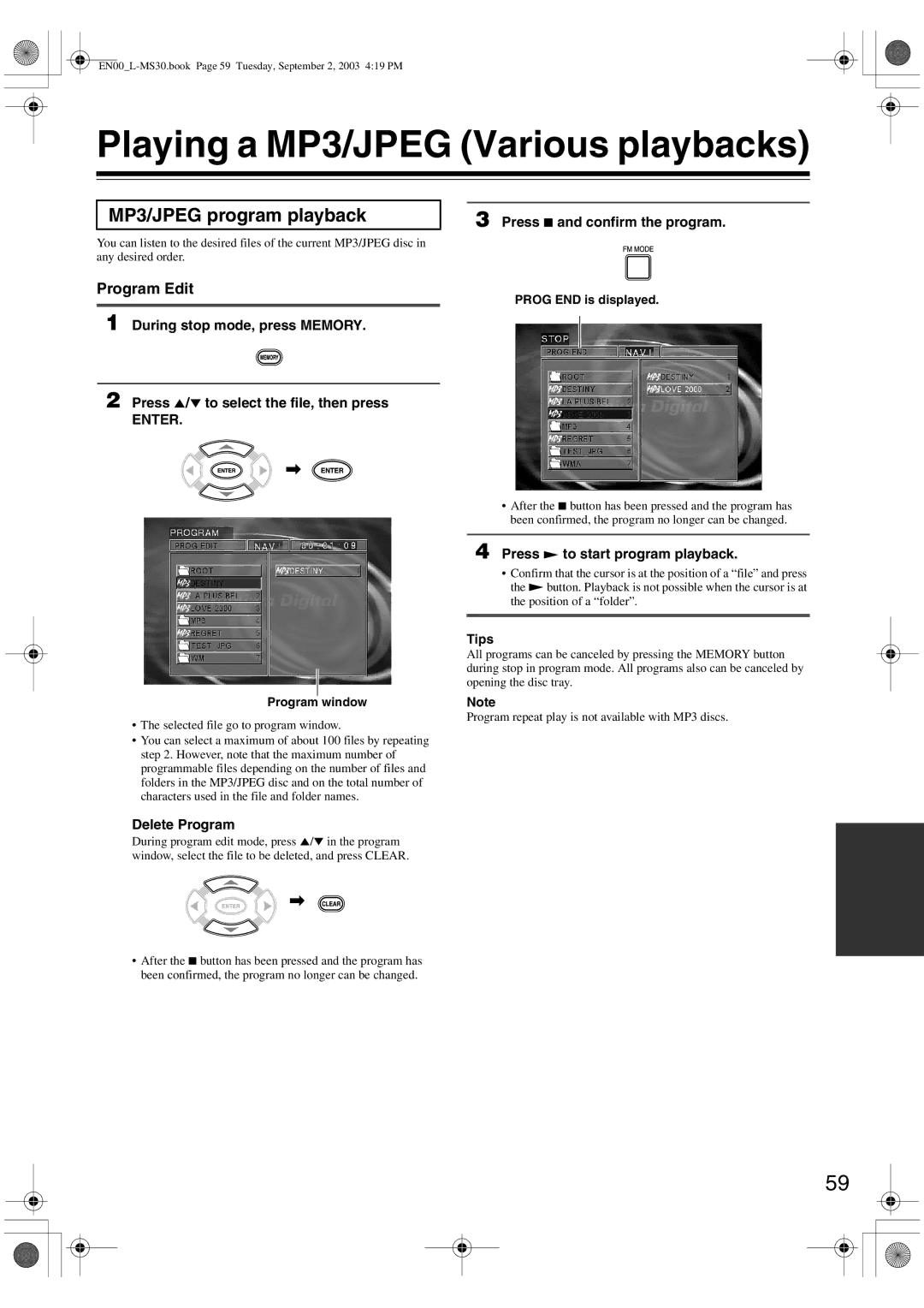 Onkyo L-MS30 Playing a MP3/JPEG Various playbacks, MP3/JPEG program playback, Press 7 and confirm the program 