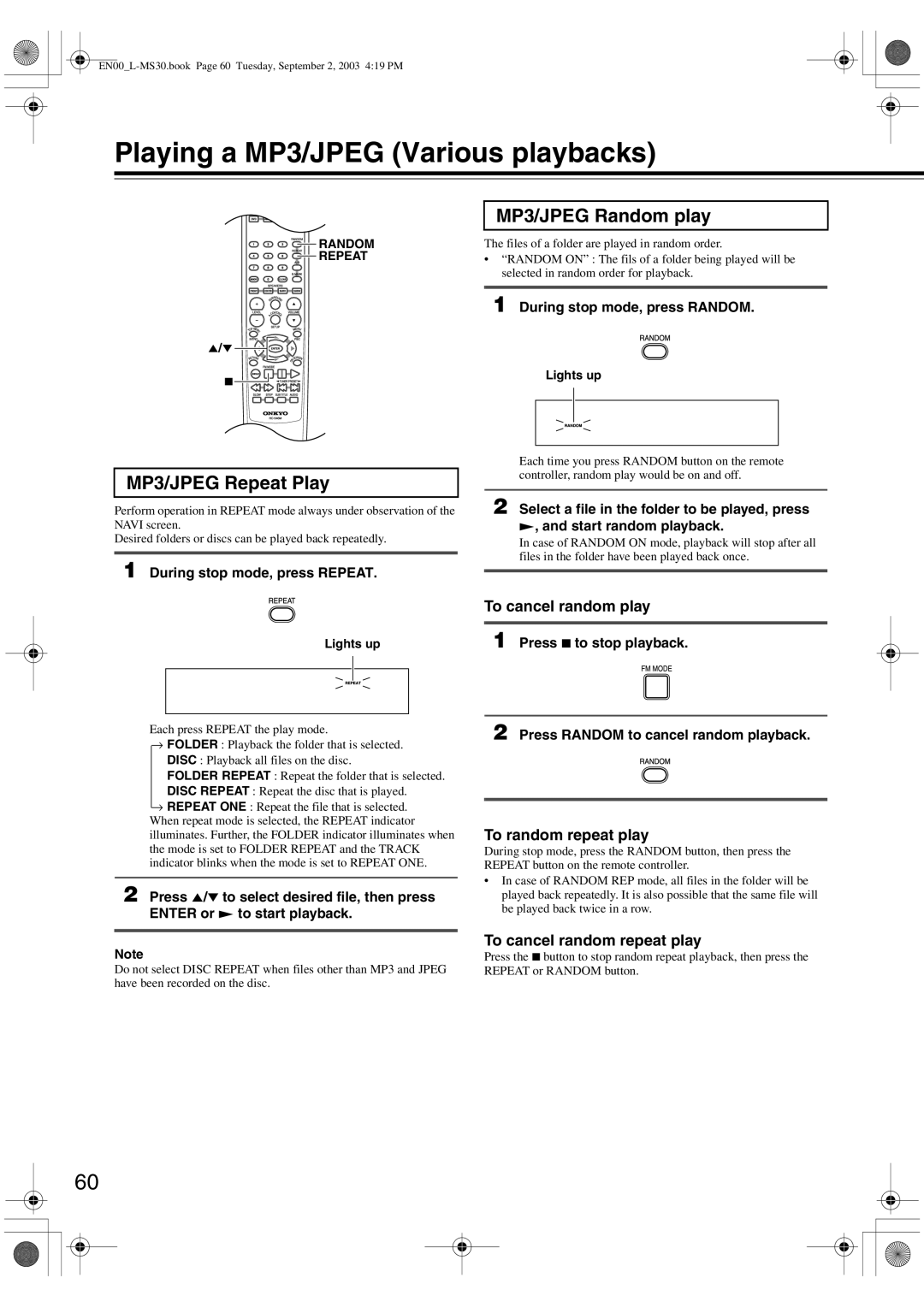 Onkyo L-MS30 instruction manual Playing a MP3/JPEG Various playbacks, MP3/JPEG Random play, MP3/JPEG Repeat Play 