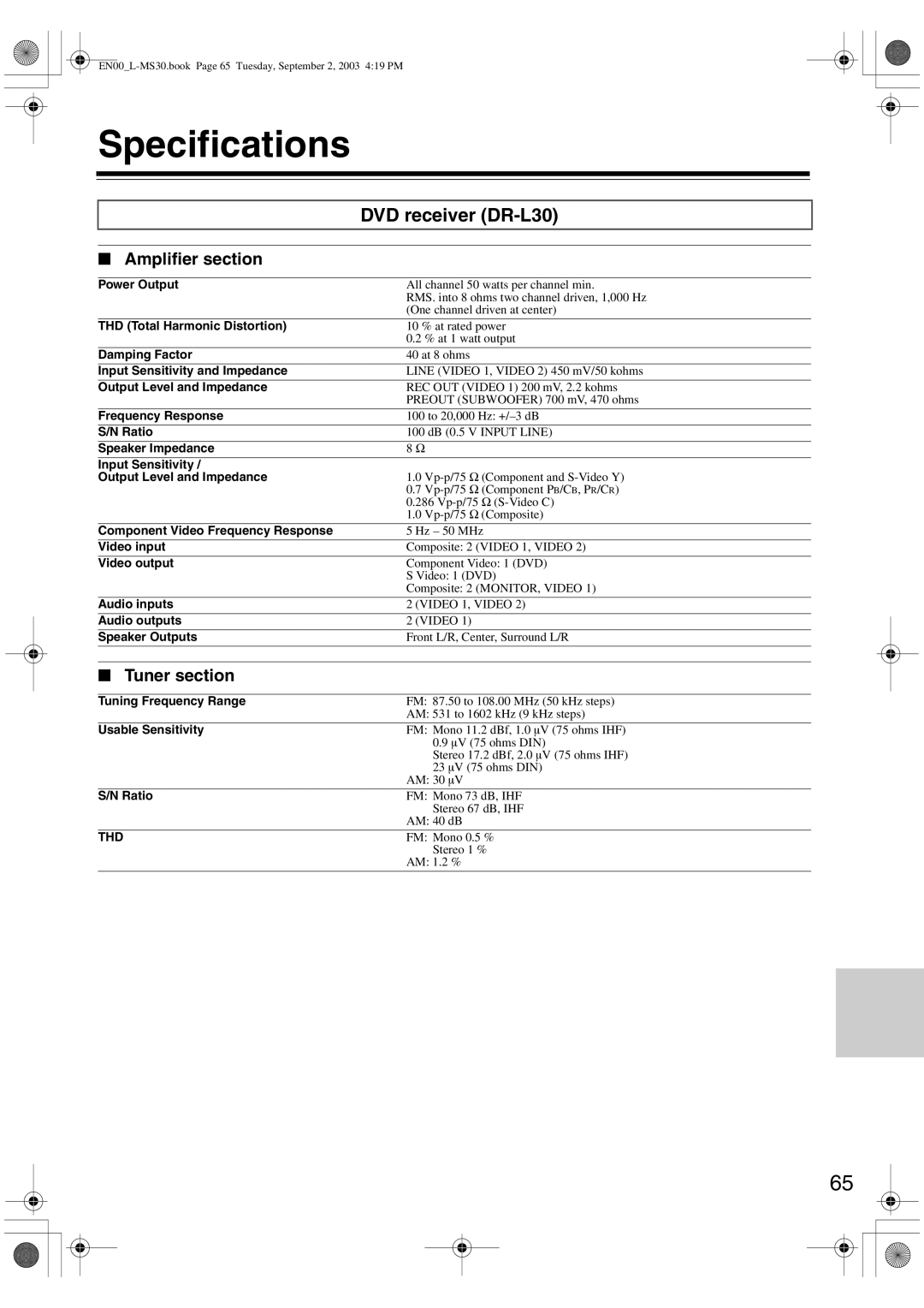 Onkyo L-MS30 instruction manual Specifications, DVD receiver DR-L30, Amplifier section, Tuner section, Thd 