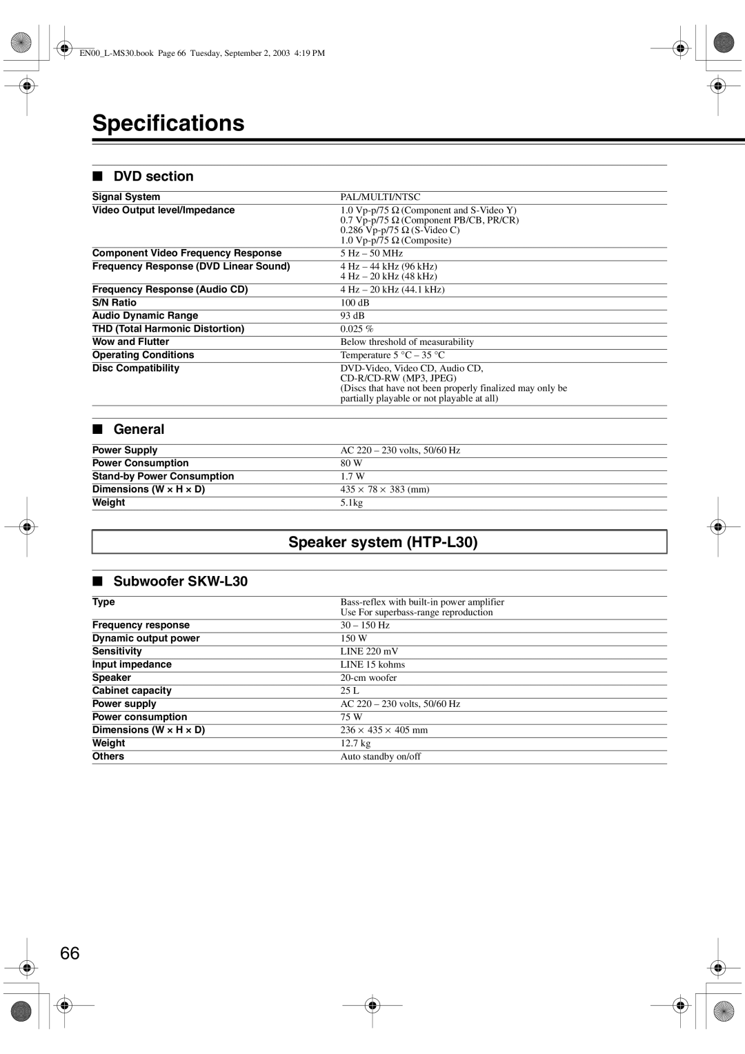 Onkyo L-MS30 instruction manual Specifications, Speaker system HTP-L30, DVD section, General 