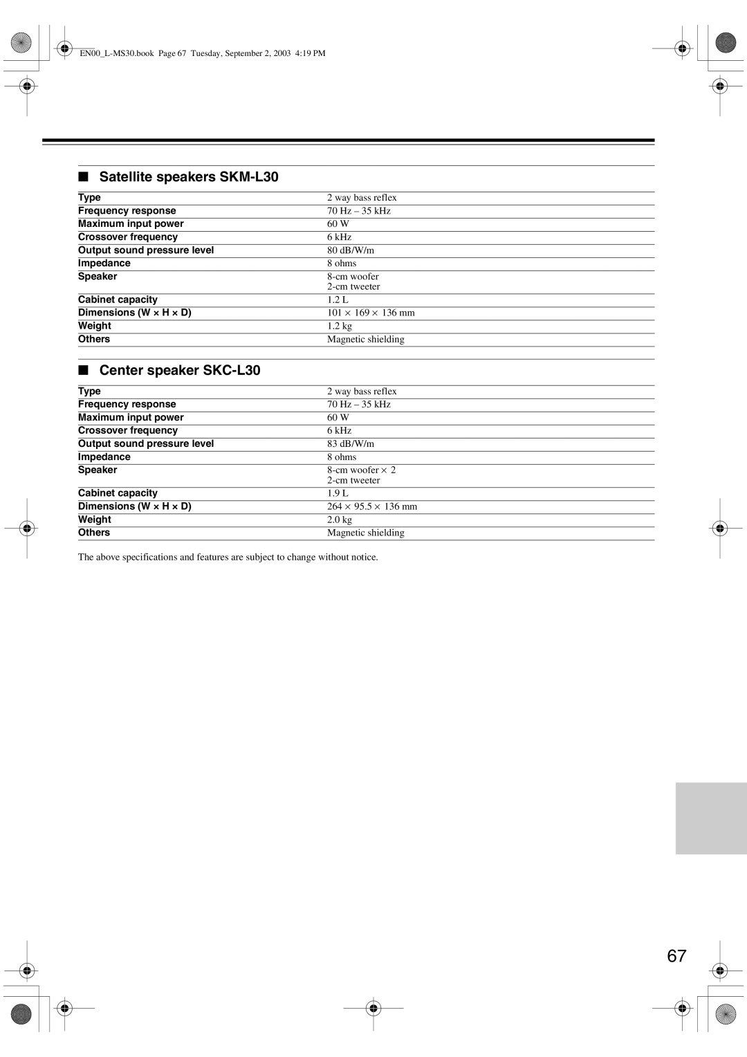 Onkyo L-MS30 instruction manual Satellite speakers SKM-L30, Center speaker SKC-L30 