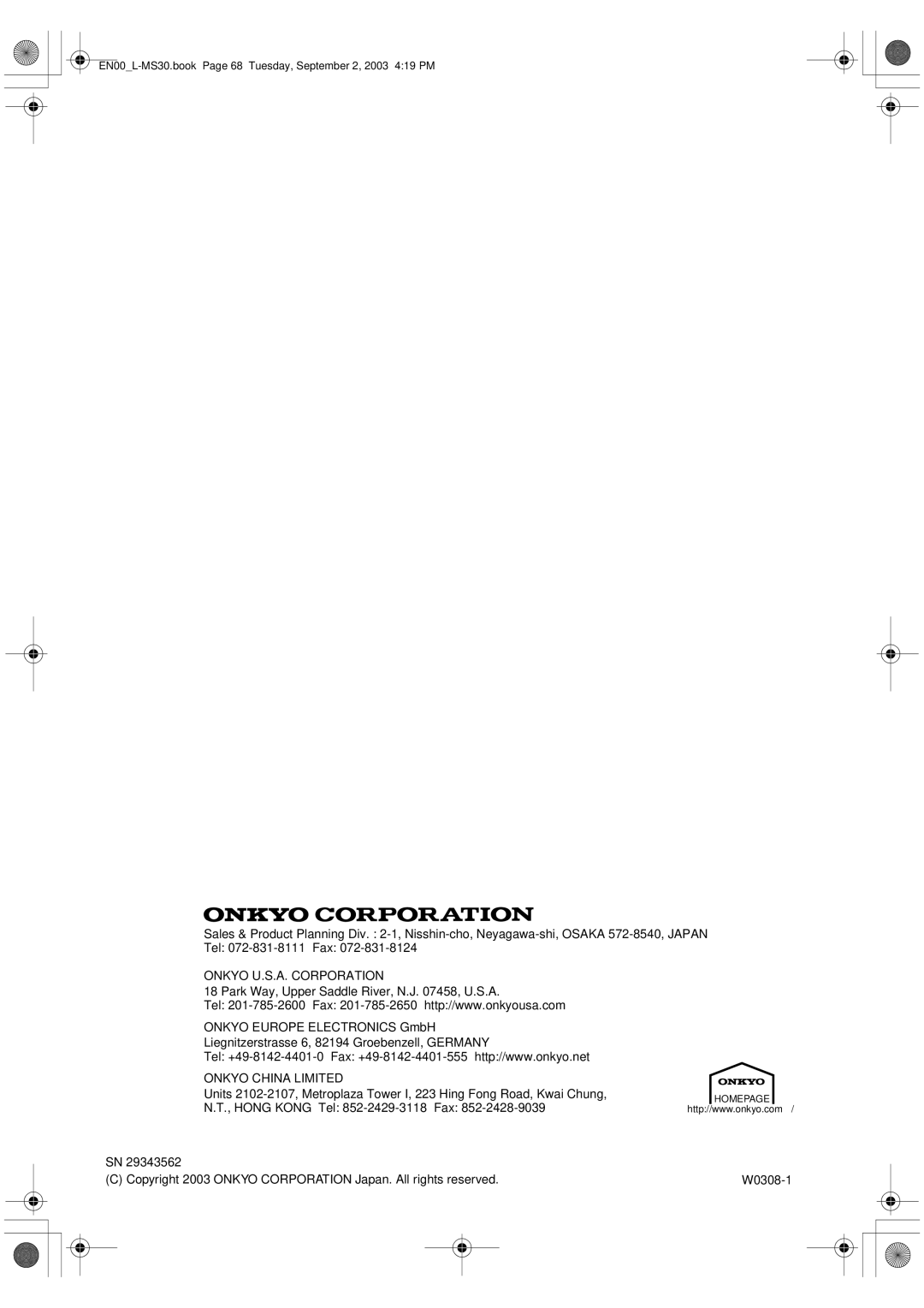 Onkyo L-MS30 instruction manual Onkyo U.S.A. Corporation, Onkyo Europe Electronics GmbH, Onkyo China Limited 