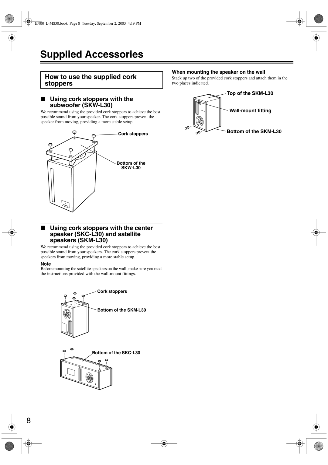 Onkyo L-MS30 Supplied Accessories, How to use the supplied cork stoppers, Using cork stoppers with Subwoofer SKW-L30 