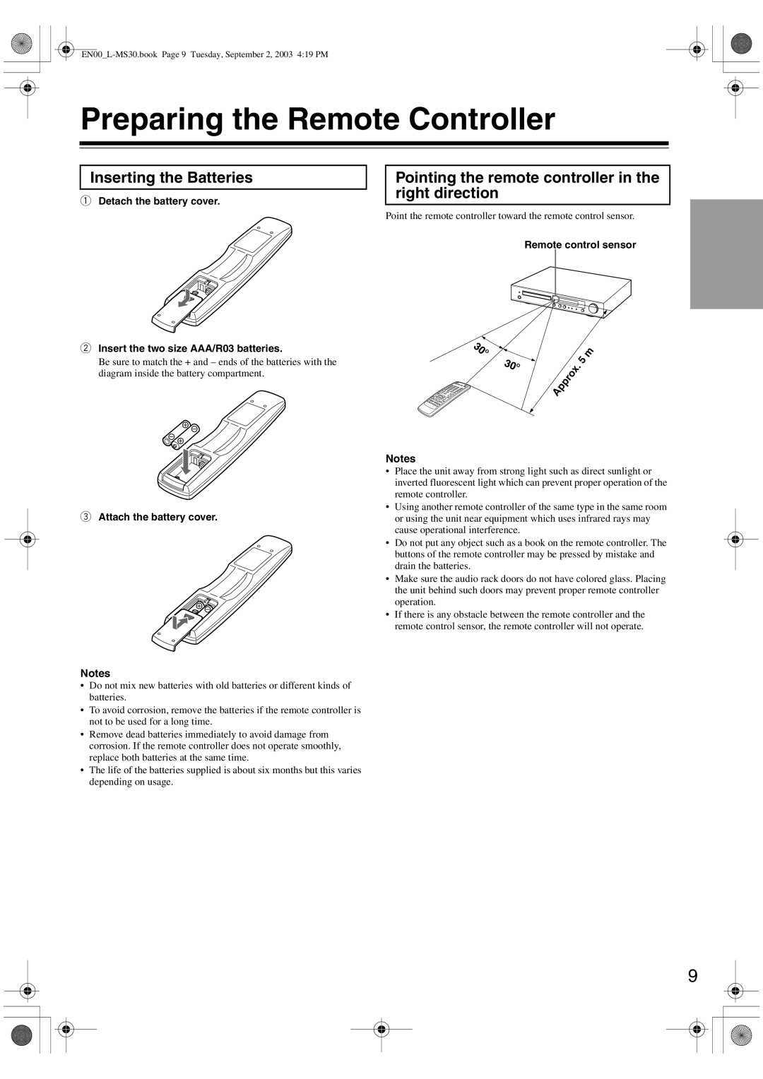 Onkyo L-MS30 Preparing the Remote Controller, Inserting the Batteries, Attach the battery cover, Remote control sensor 