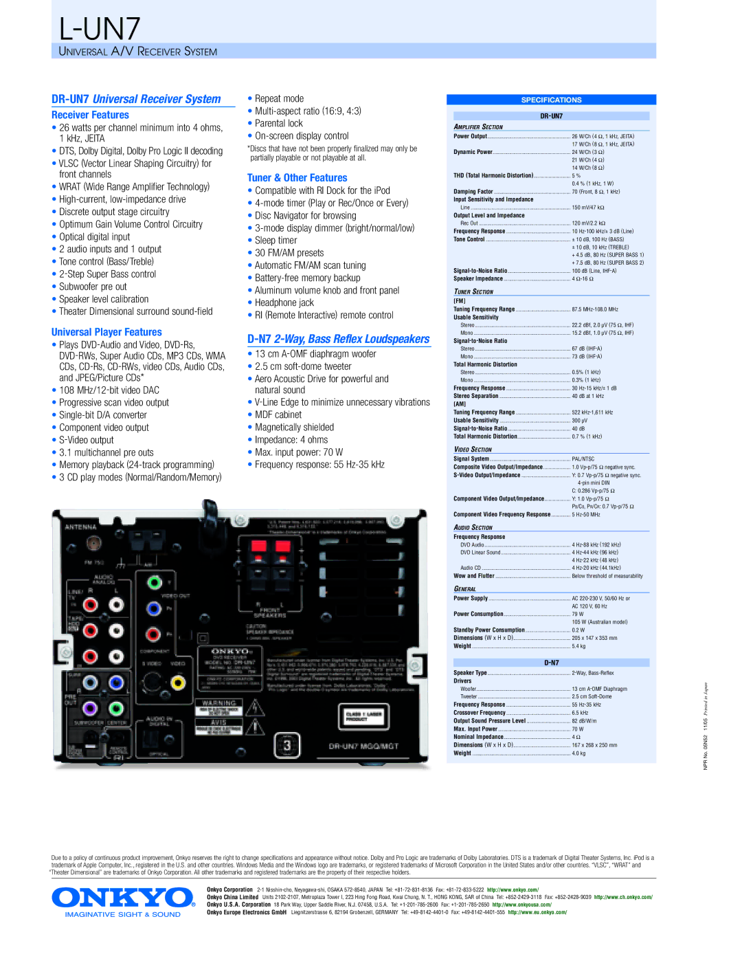 Onkyo L-UN7 manual Receiver Features, Universal Player Features, Tuner & Other Features 