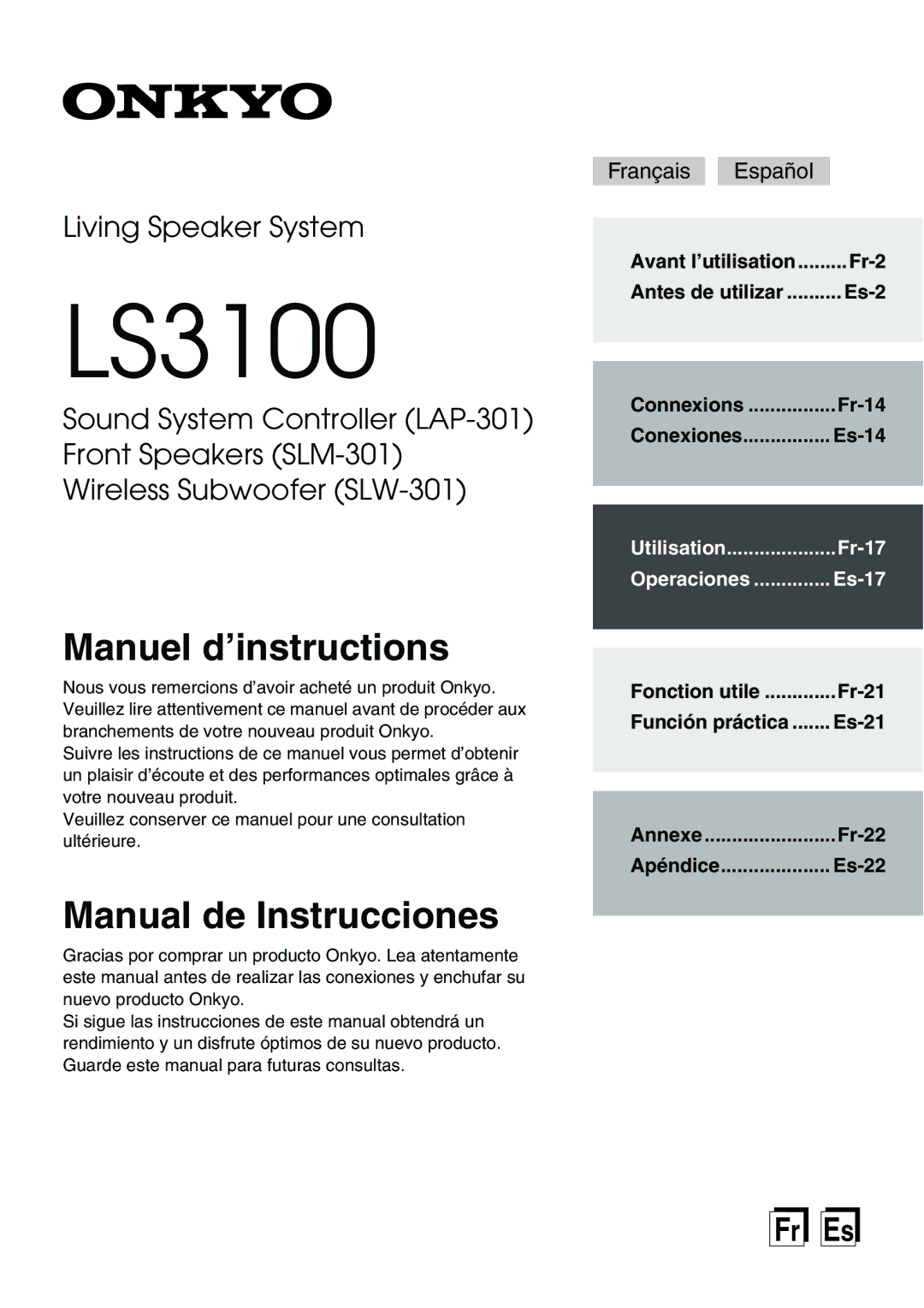 Onkyo Ls 3100 manual Français Español, Fr-2, Es-2 