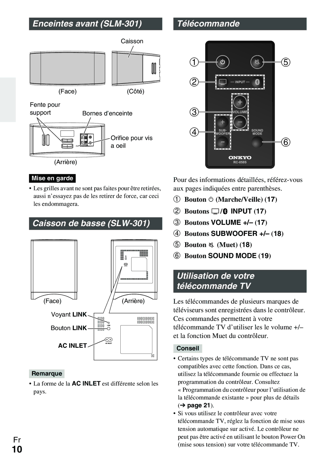 Onkyo Ls 3100 manual Enceintes avant SLM-301 Télécommande, Caisson de basse SLW-301, Utilisation de votre télécommande TV 