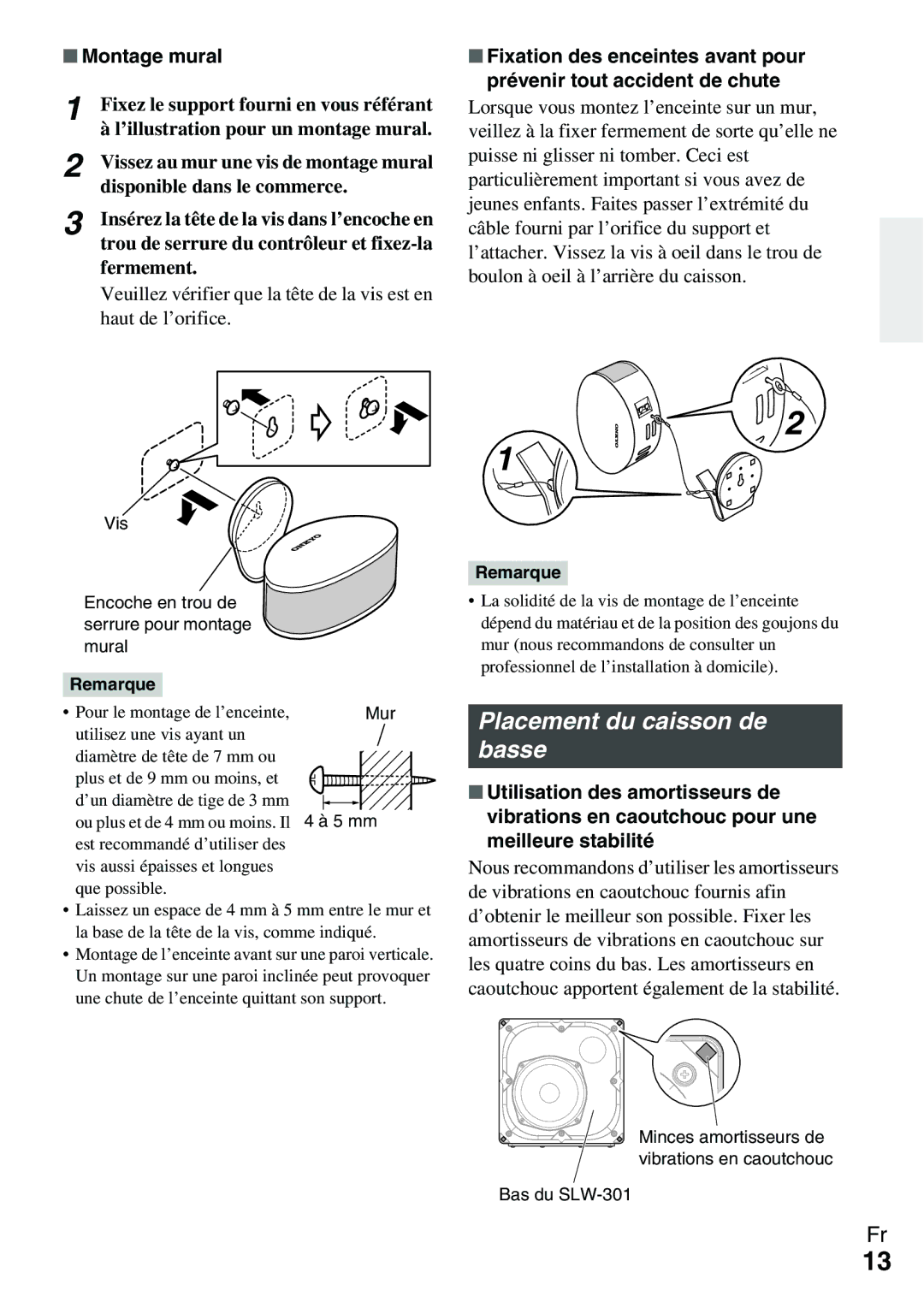 Onkyo Ls 3100 manual Placement du caisson de basse, Disponible dans le commerce 