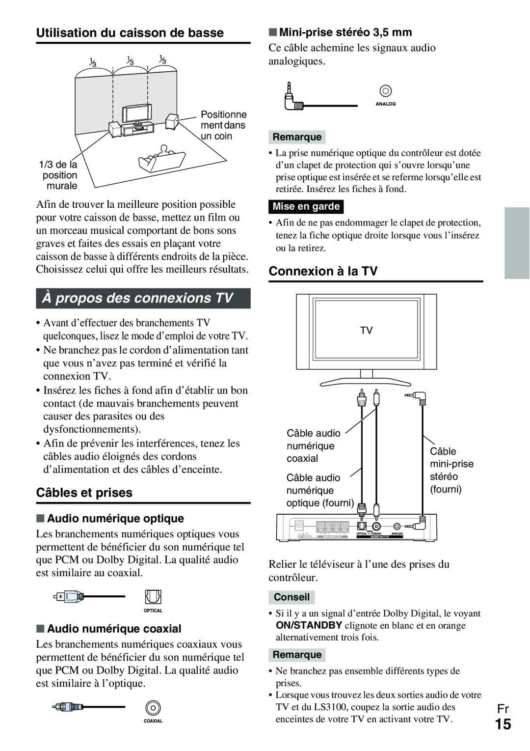 Onkyo Ls 3100 manual Propos des connexions TV, Utilisation du caisson de basse, Connexion à la TV, Câbles et prises 