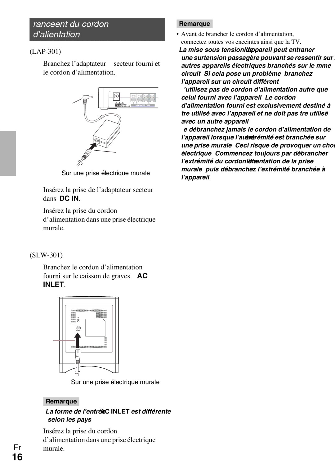 Onkyo Ls 3100 manual Branchement du cordon d’alimentation 