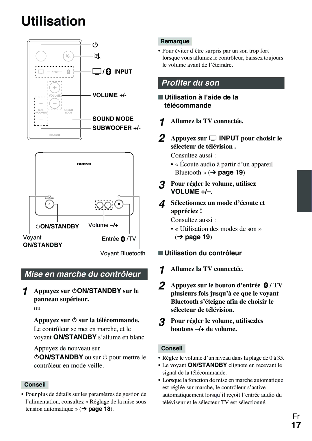 Onkyo Ls 3100 manual Mise en marche du contrôleur, Profiter du son, Utilisation à l’aide de la télécommande 