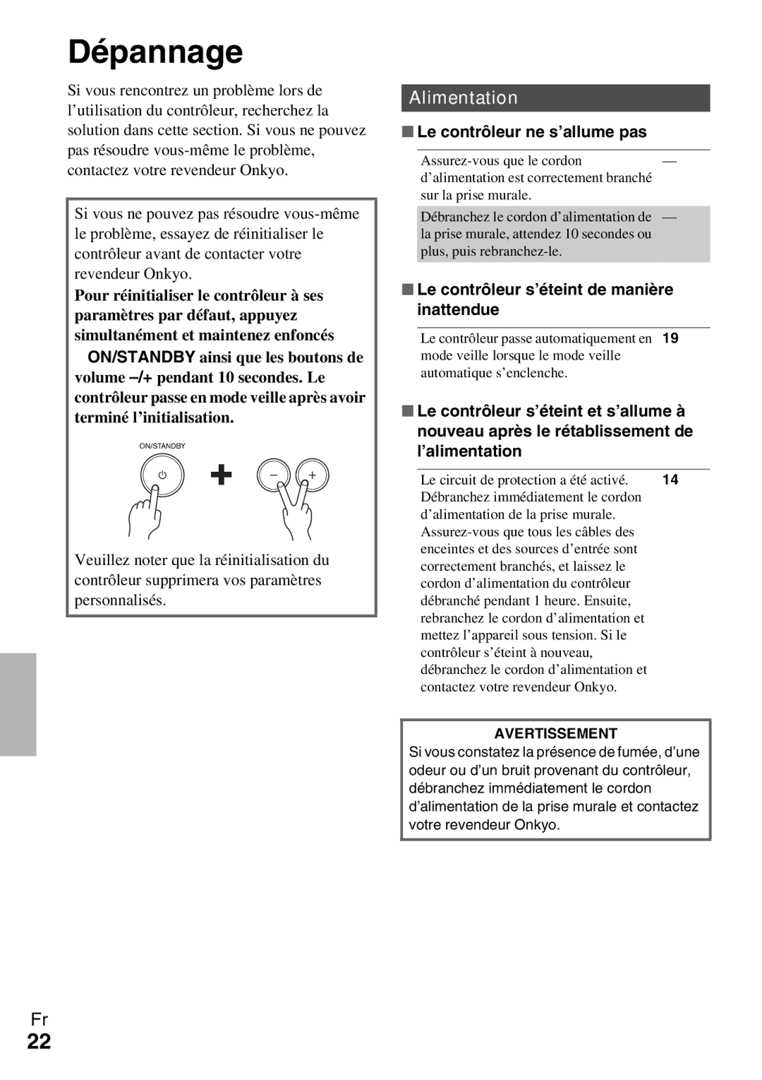 Onkyo Ls 3100 manual Dépannage, Le contrôleur ne s’allume pas, Le contrôleur s’éteint de manière inattendue 