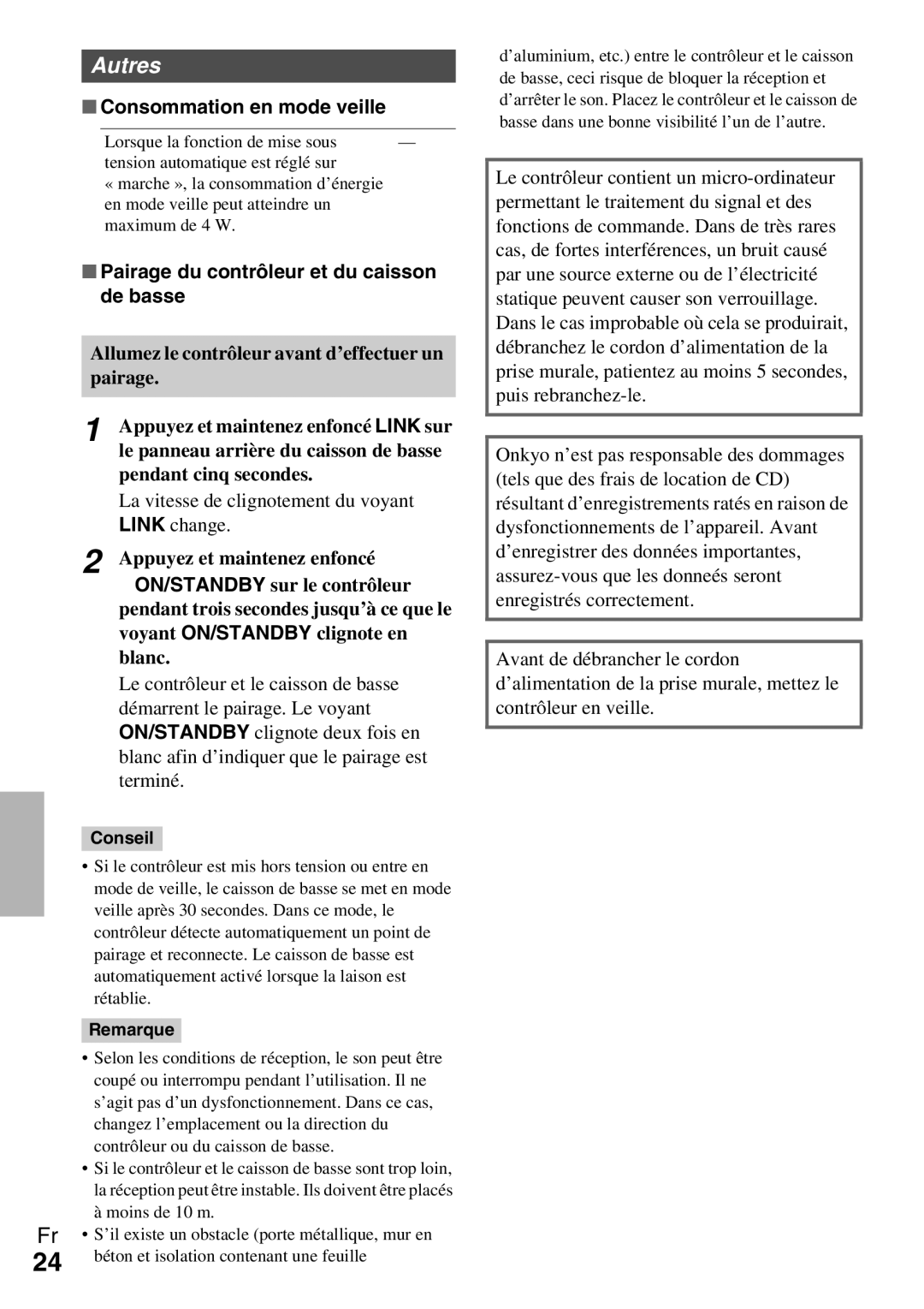 Onkyo Ls 3100 manual Consommation en mode veille, Pairage du contrôleur et du caisson de basse 