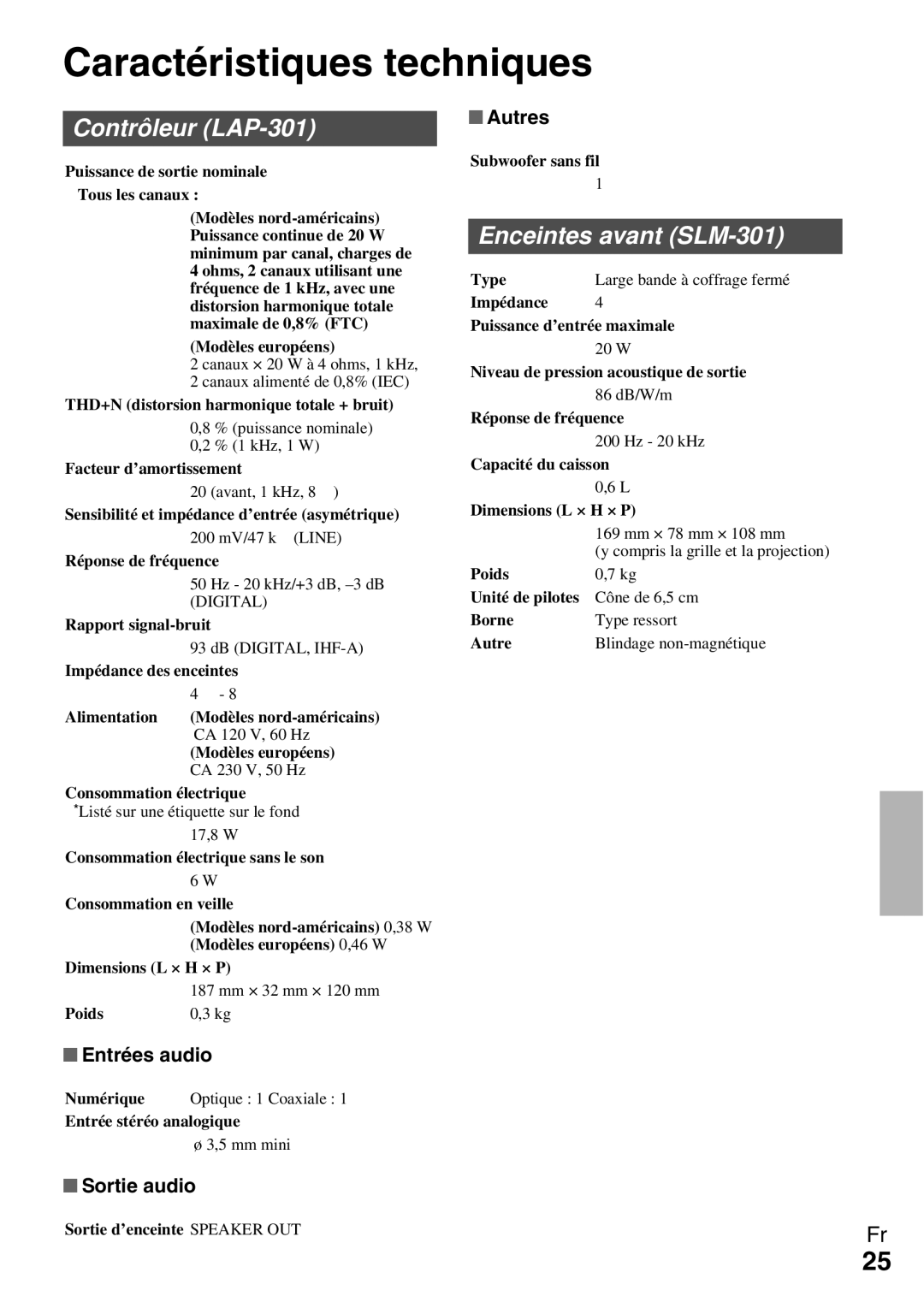 Onkyo Ls 3100 manual Caractéristiques techniques, Contrôleur LAP-301, Enceintes avant SLM-301 