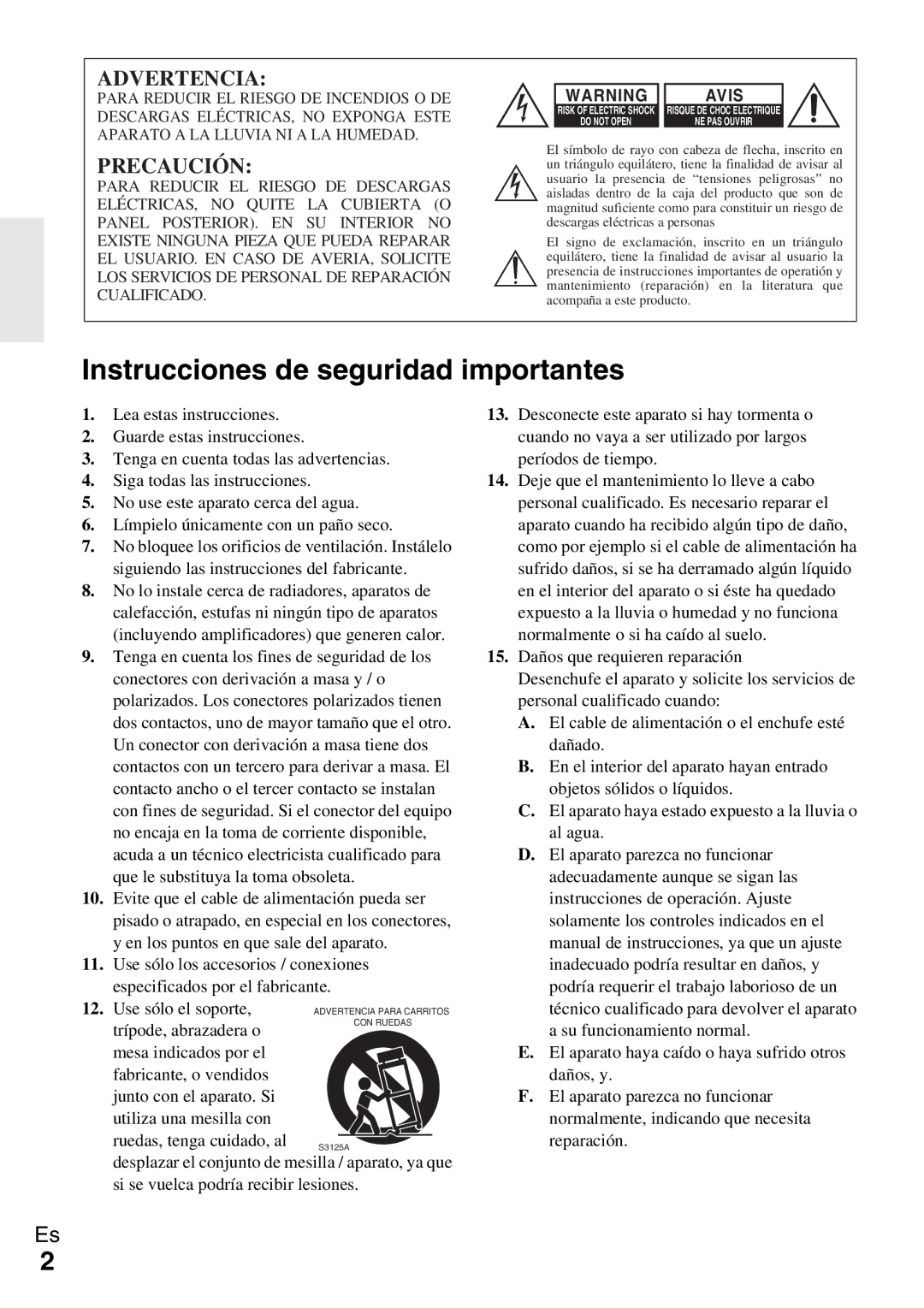 Onkyo Ls 3100 manual Instrucciones de seguridad importantes 