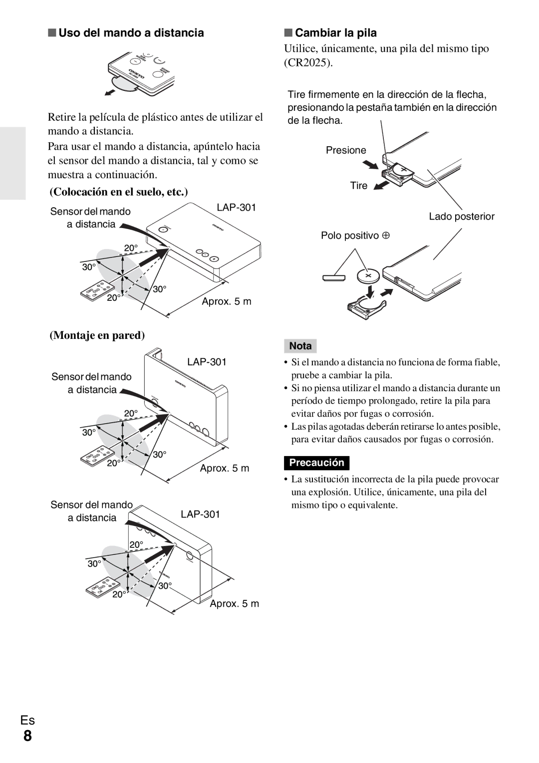 Onkyo Ls 3100 manual Uso del mando a distancia, Colocación en el suelo, etc, Cambiar la pila, Montaje en pared 