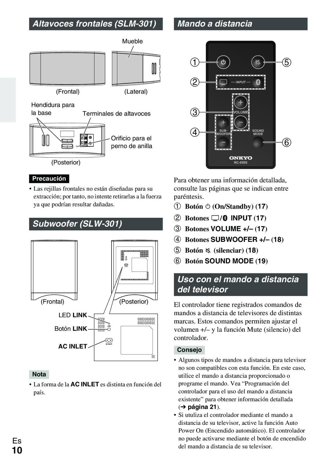 Onkyo Ls 3100 Altavoces frontales SLM-301 Mando a distancia, Subwoofer SLW-301, Uso con el mando a distancia del televisor 