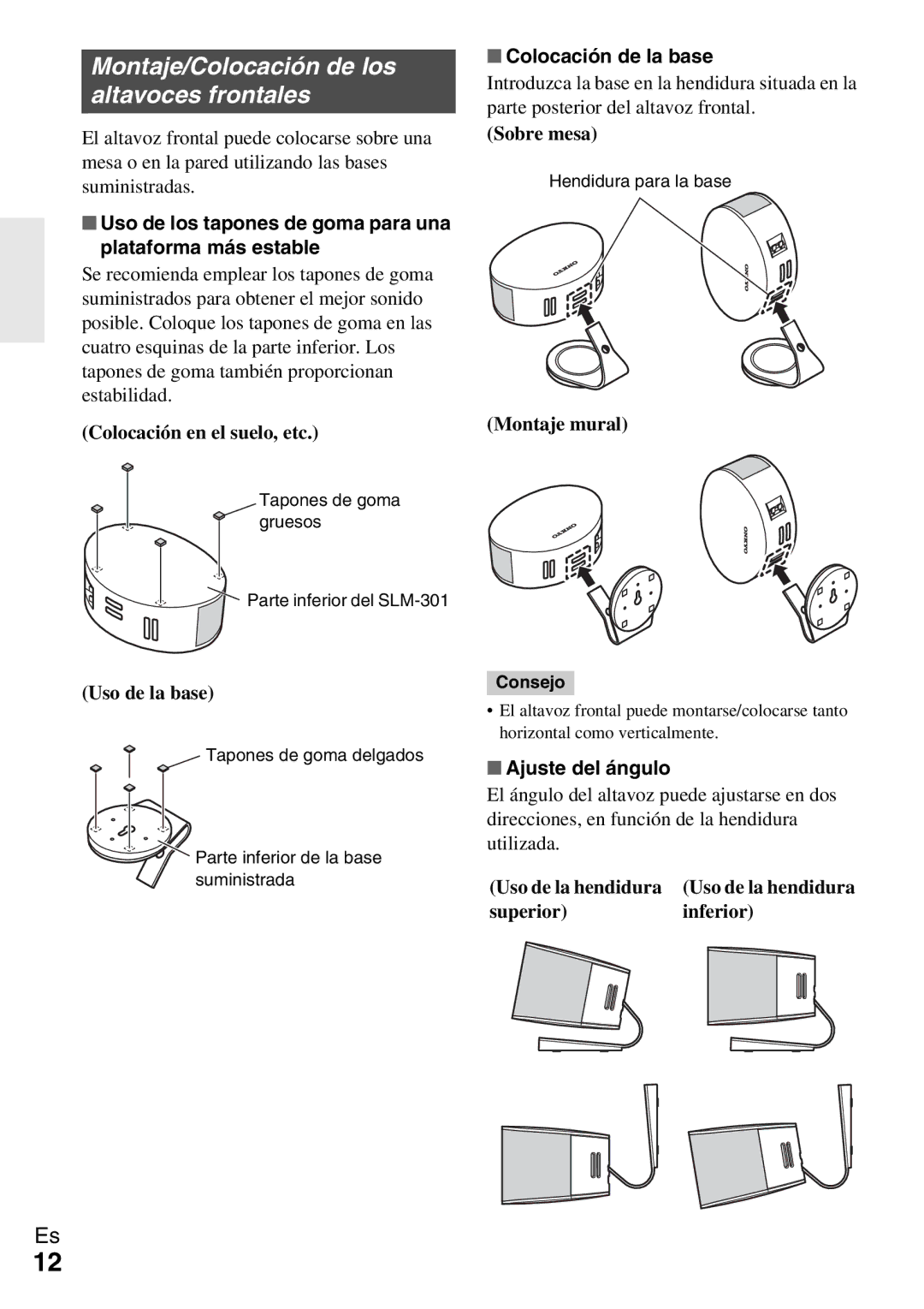 Onkyo Ls 3100 Montaje/Colocación de los altavoces frontales, Uso de los tapones de goma para una plataforma más estable 