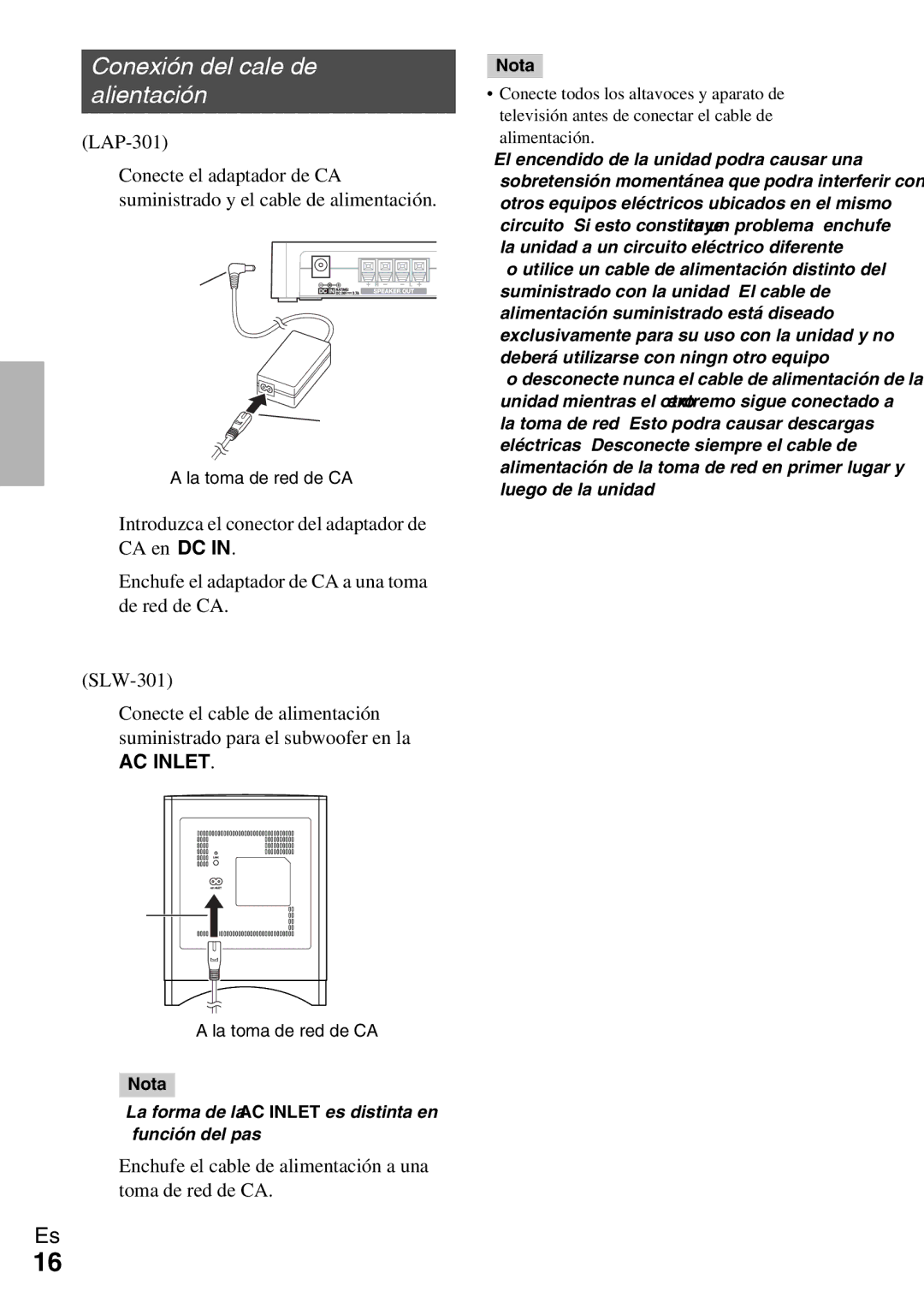 Onkyo Ls 3100 manual Conexión del cable de alimentación 