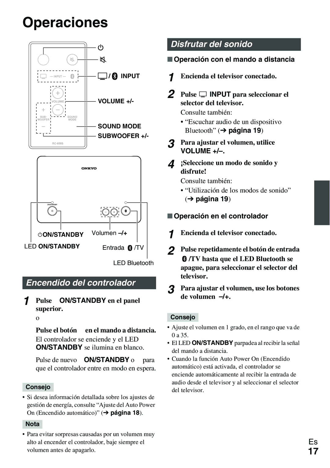 Onkyo Ls 3100 manual Operaciones, Encendido del controlador, Disfrutar del sonido, Operación con el mando a distancia 