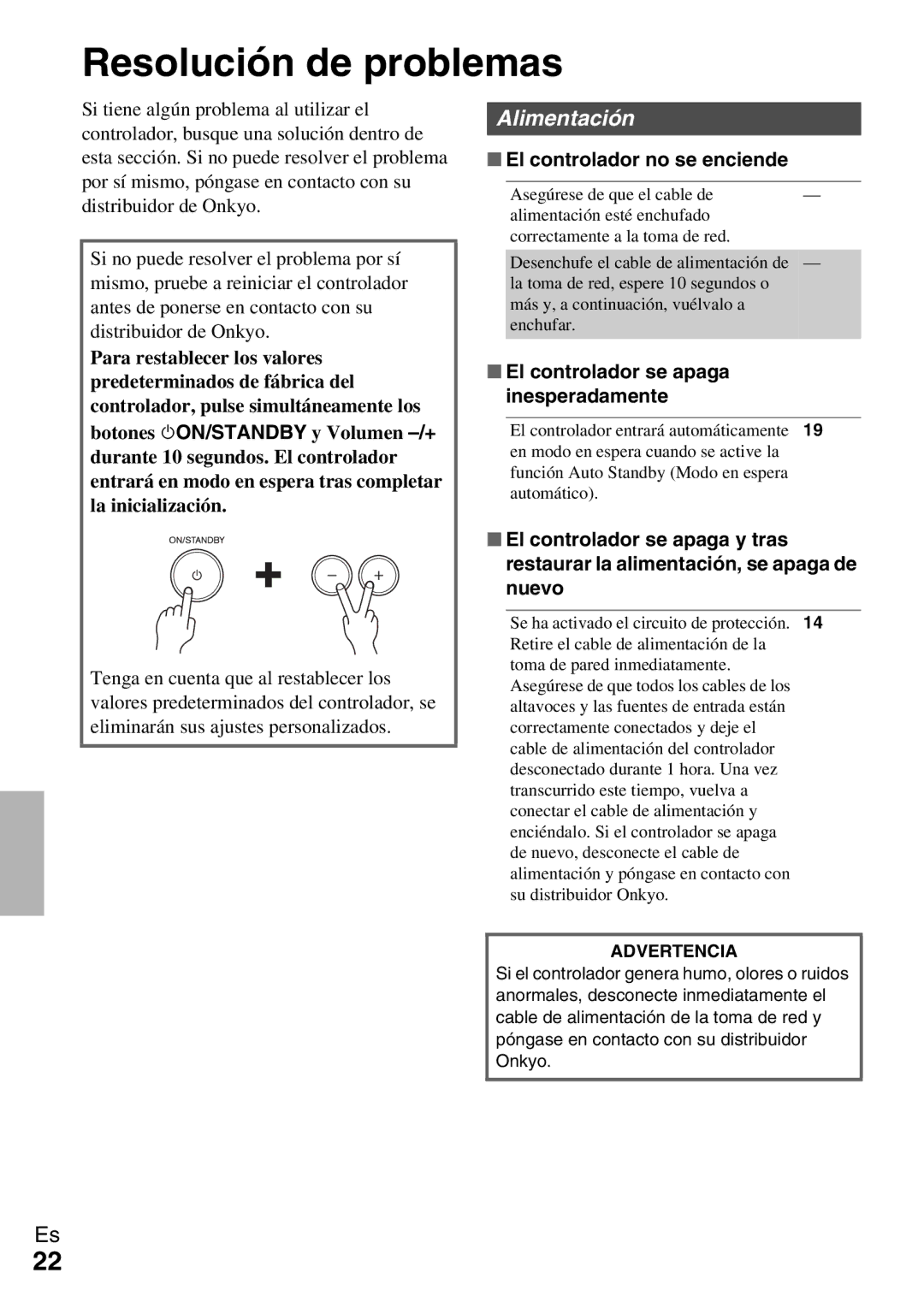 Onkyo Ls 3100 manual Resolución de problemas, El controlador no se enciende, El controlador se apaga inesperadamente 