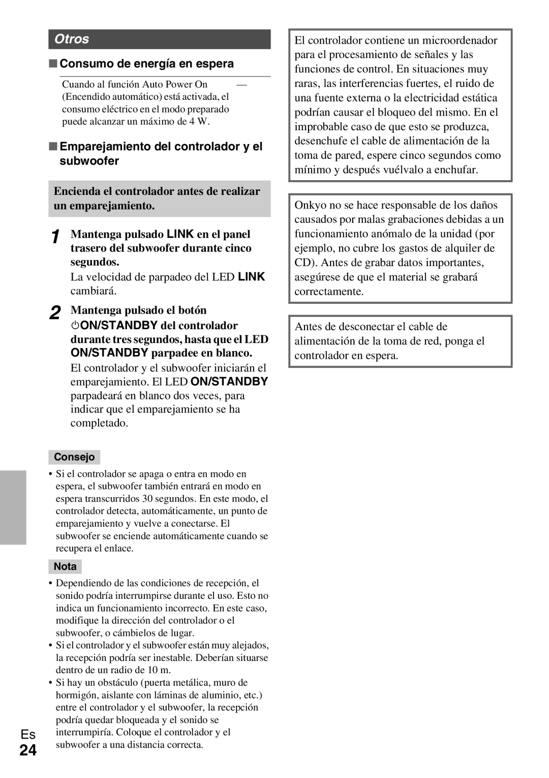 Onkyo Ls 3100 manual Consumo de energía en espera, Emparejamiento del controlador y el subwoofer, Mantenga pulsado el botón 