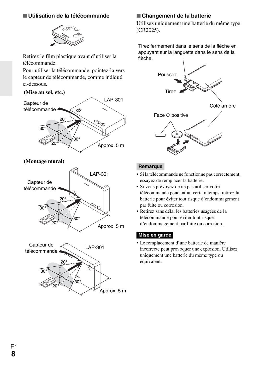 Onkyo Ls 3100 manual Utilisation de la télécommande, Mise au sol, etc, Changement de la batterie, Montage mural 