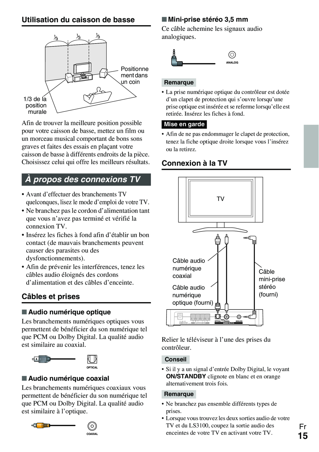 Onkyo Ls 3100 manual Àpropos des connexions TV, Utilisation du caisson de basse, Connexion à la TV, Câbles et prises 