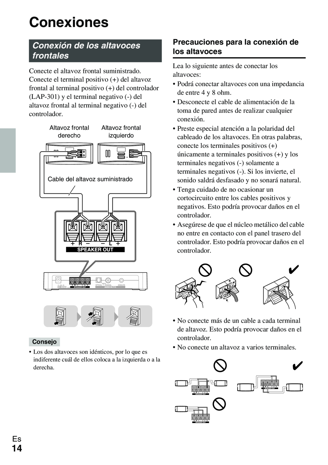 Onkyo Ls 3100 manual Conexiones, Conexión de los altavoces frontales, Precauciones para la conexión de los altavoces 