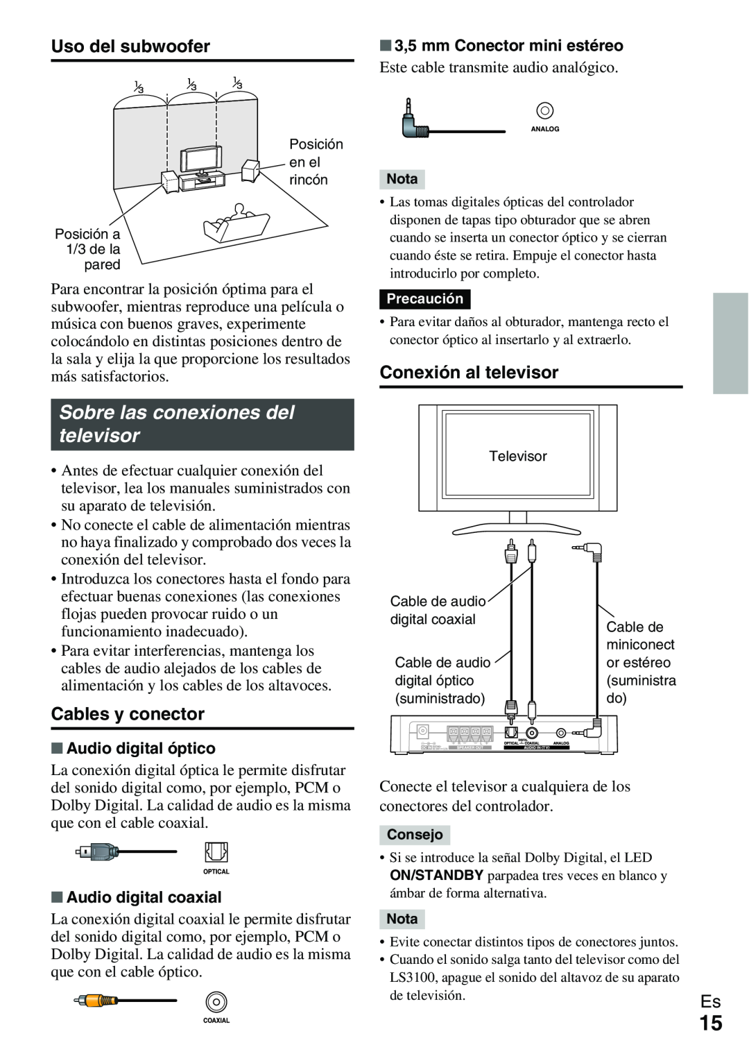 Onkyo Ls 3100 manual Sobre las conexiones del televisor, Uso del subwoofer, Conexión al televisor, Cables y conector 