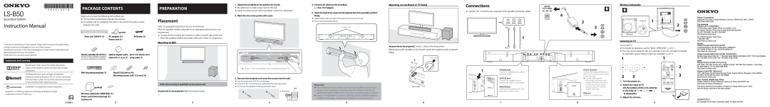 Onkyo LS-B50 instruction manual Package Contents, Preparation, Placement, Connections, Mounting to Wall, Listening to TV 