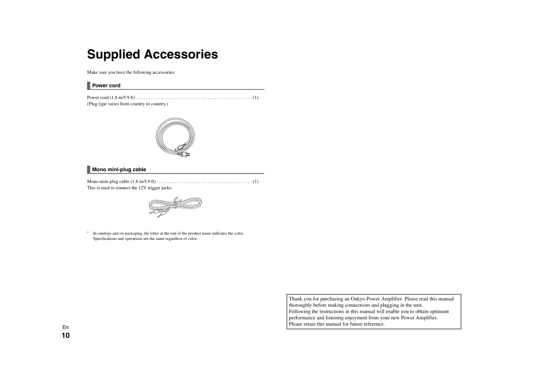 Onkyo M-5000R instruction manual Supplied Accessories, Power cord, Mono mini-plug cable 