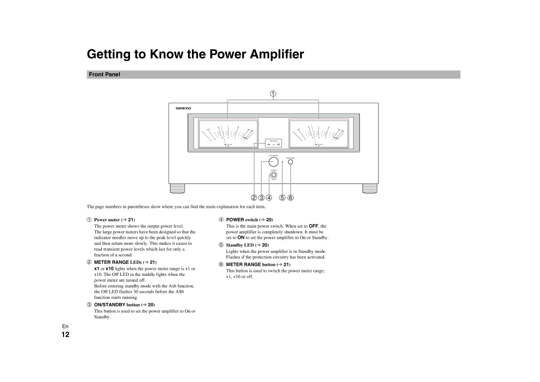 Onkyo M-5000R Getting to Know the Power Amplifier, Front Panel, Meter Range LEDs, ON/STANDBY button, Meter Range button 