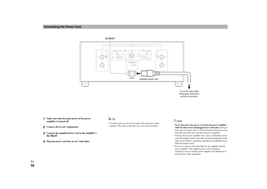 Onkyo M-5000R instruction manual Connecting the Power Cord, Plug the power cord into an AC wall outlet 