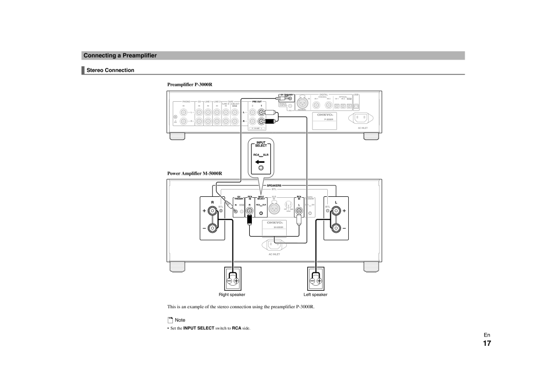 Onkyo instruction manual Connecting a Preamplifier, Stereo Connection, Preamplifier P-3000R Power Amplifier M-5000R 