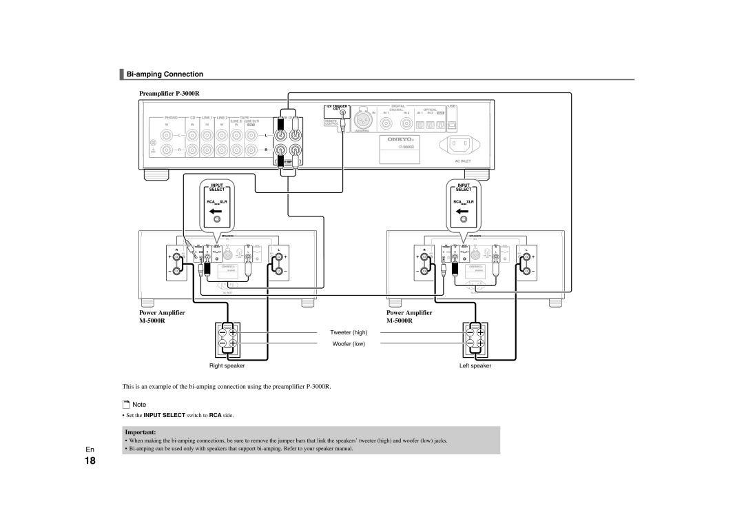 Onkyo M-5000R instruction manual Bi-amping Connection 