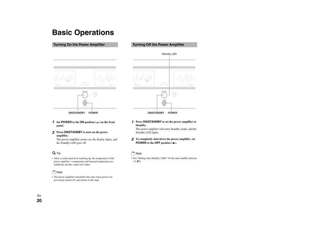 Onkyo M-5000R instruction manual Basic Operations, Turning On the Power Amplifier, Turning Off the Power Amplifier 